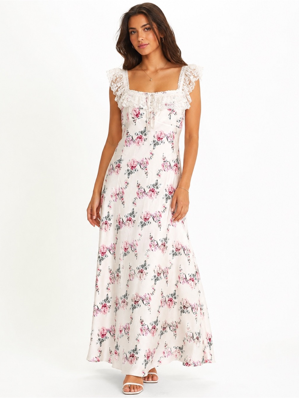 WAYF Floral Lace Trim Maxi Dress – White/Pink – Size Medium